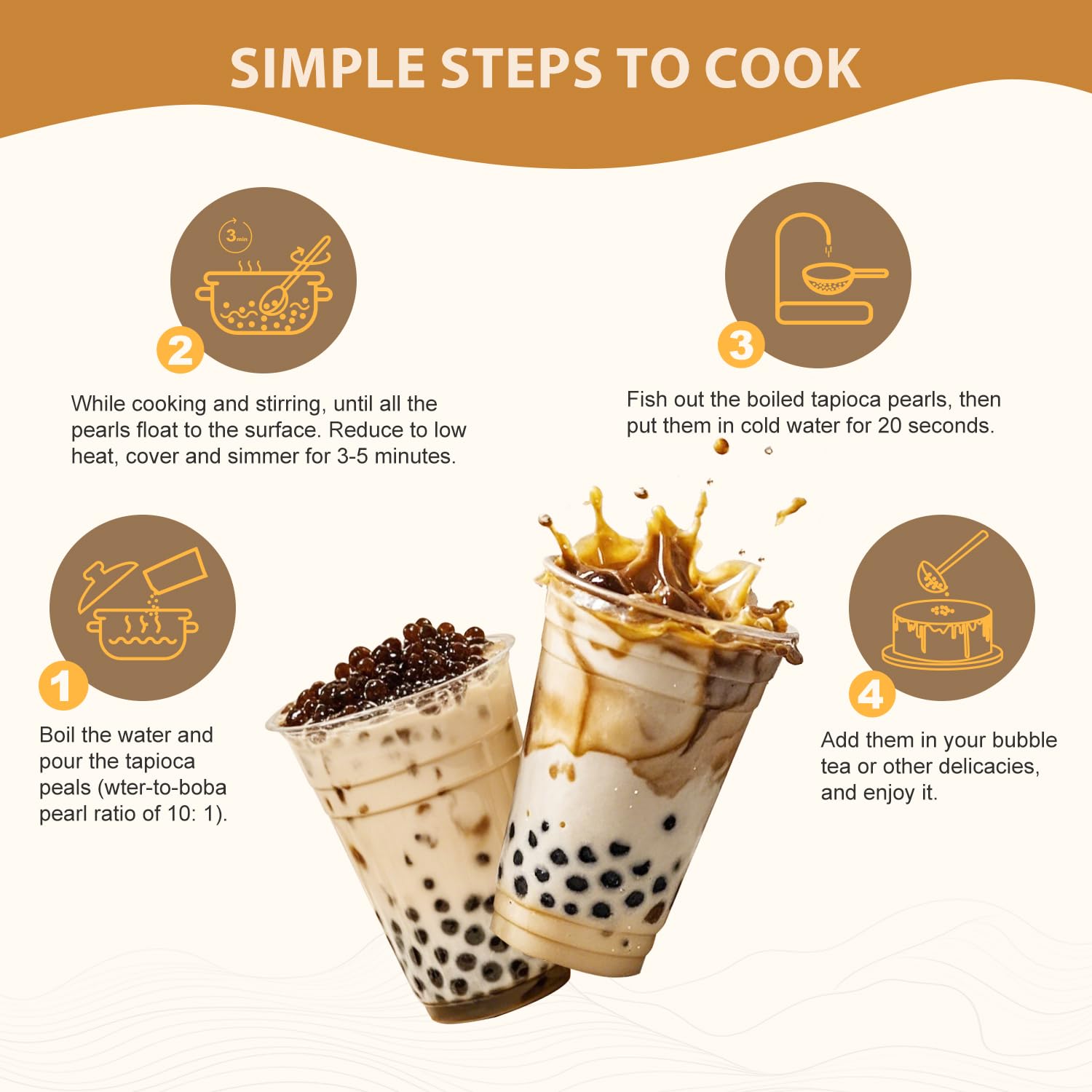 Black Tapioca Boba Pearls, Brown Sugar Flavor, Ready to Cook