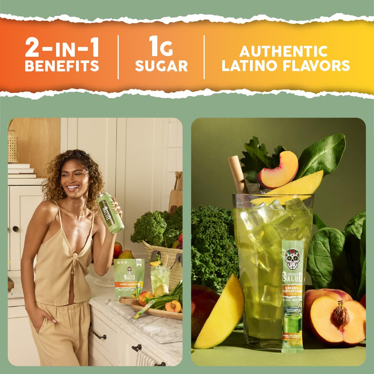 2 in 1 Greens Superfood Drink Mix, Peach Mango, Strawberry Lime & Green Apple, 45 Servings