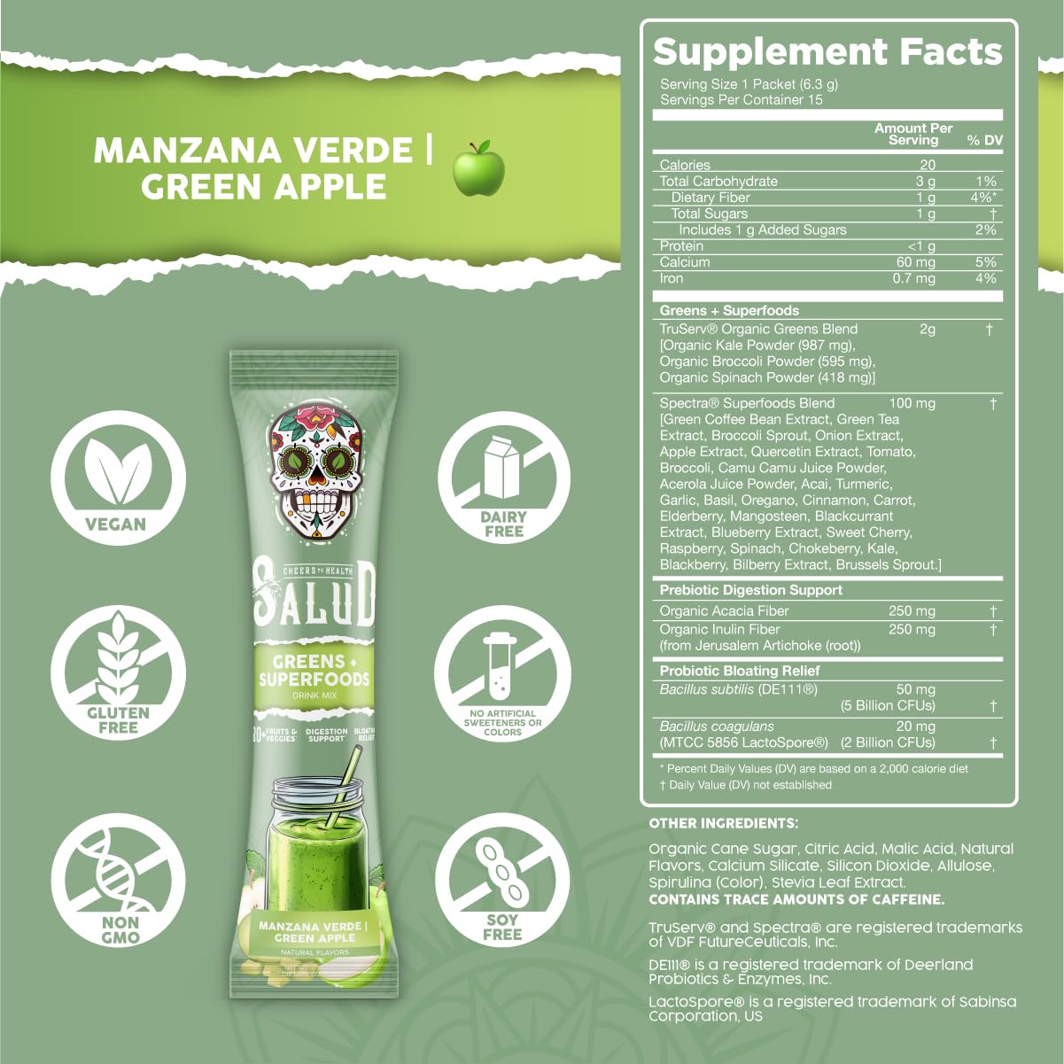 2 in 1 Greens Superfood Drink Mix, Peach Mango, Strawberry Lime & Green Apple, 45 Servings