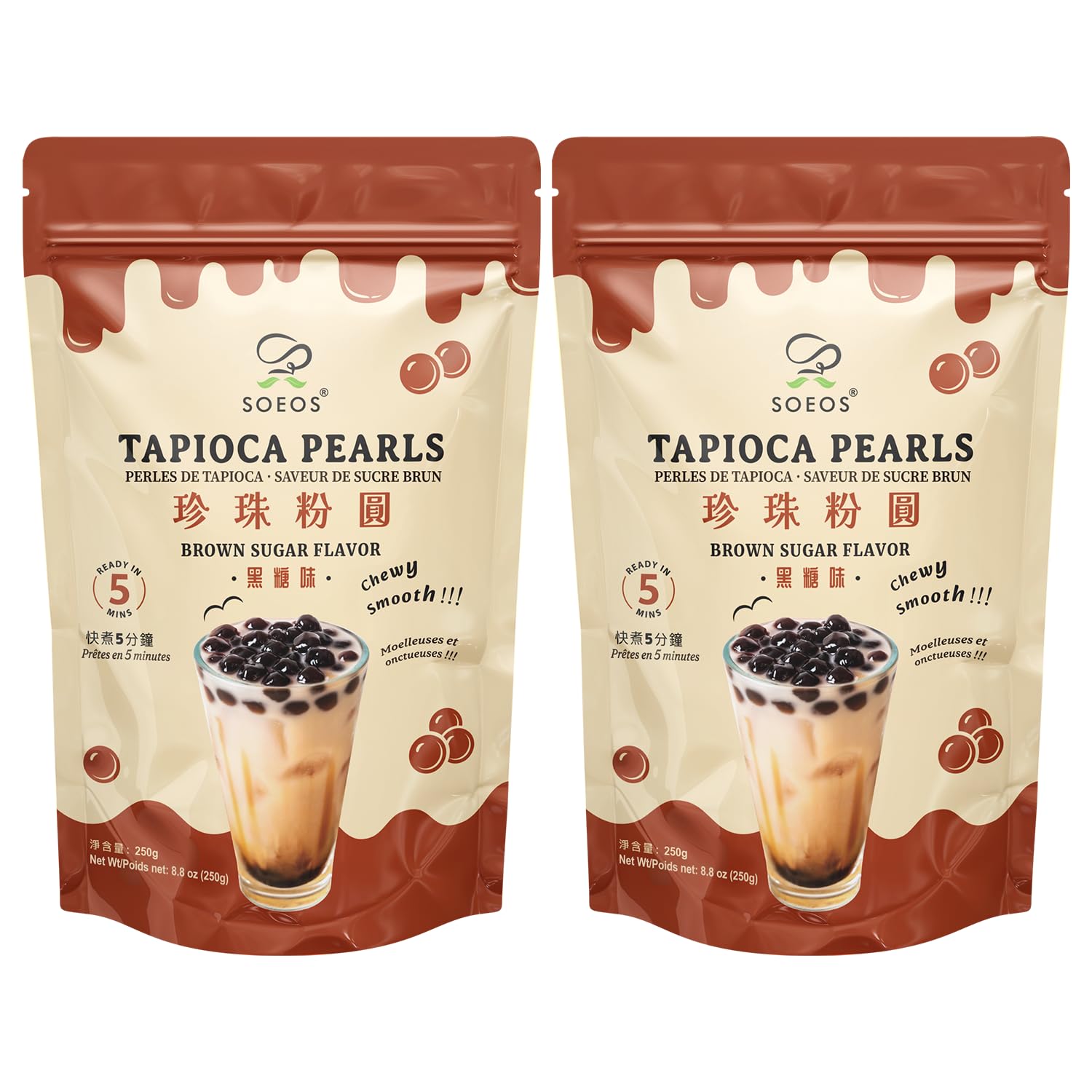 Black Tapioca Boba Pearls, Brown Sugar Flavor, Ready to Cook