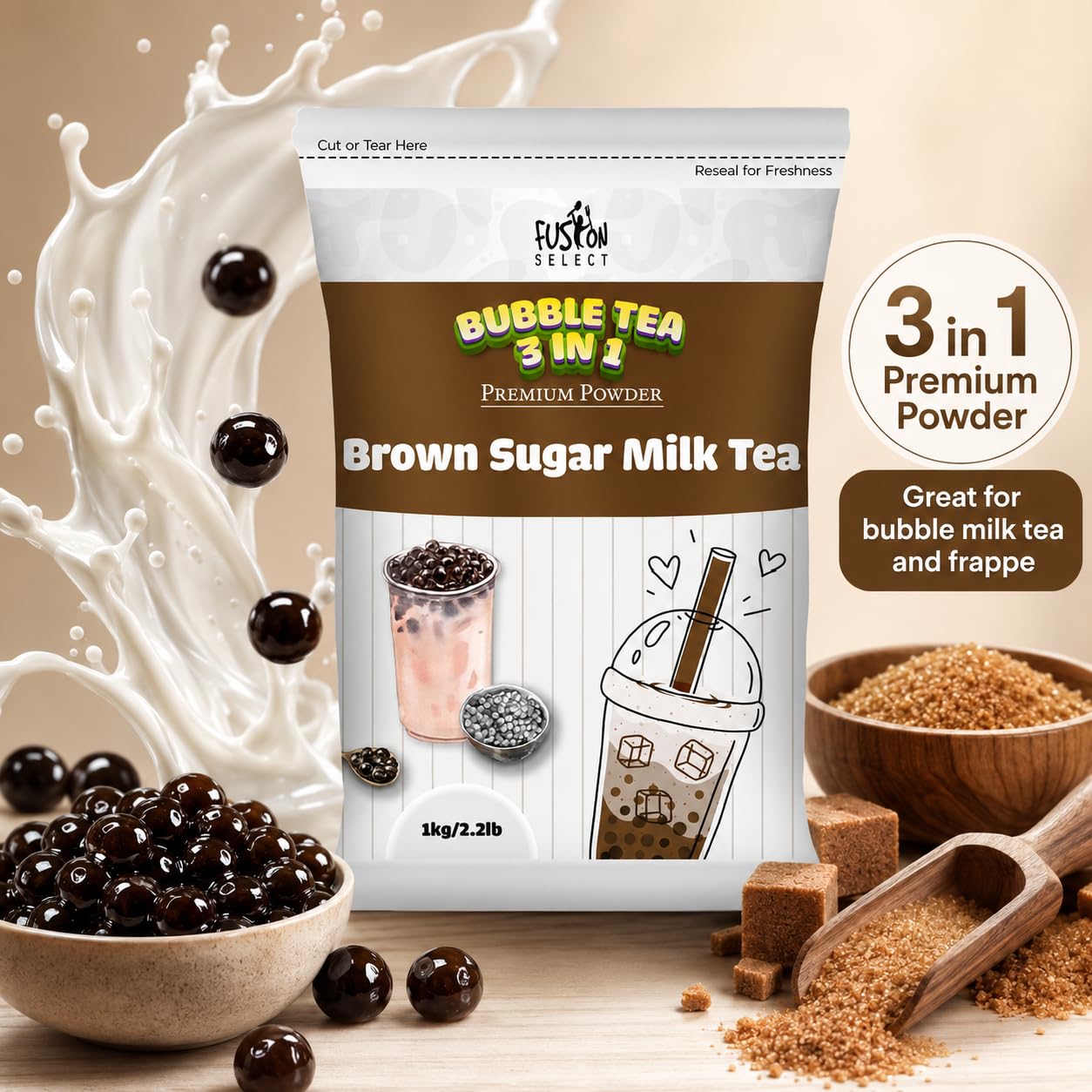 Brown Sugar Milk Tea Powder Mix, 3 in 1 Instant Drink, 2.2 lb