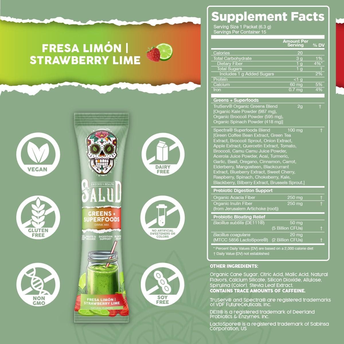 2 in 1 Greens Superfood Drink Mix, Peach Mango, Strawberry Lime & Green Apple, 45 Servings
