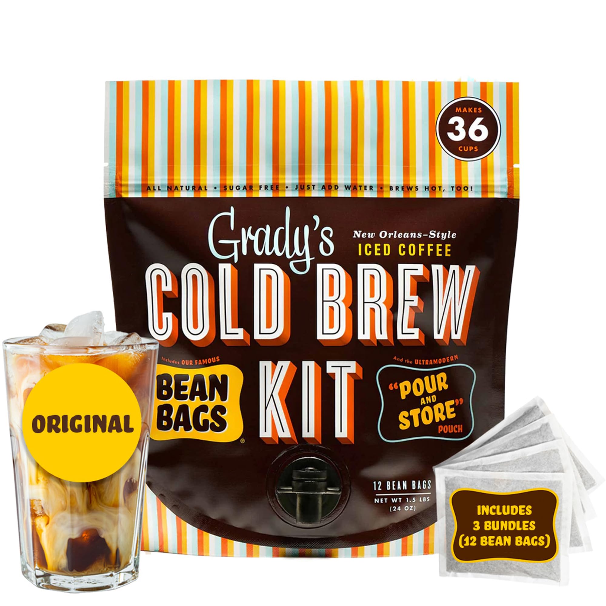 New Orleans Style Cold Brew Coffee Kit, Arabica Coffee & Chicory, 12 Brew Bags