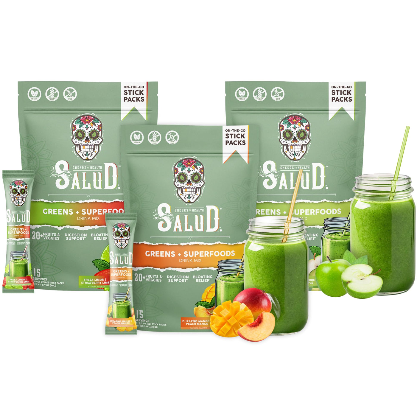 2 in 1 Greens Superfood Drink Mix, Peach Mango, Strawberry Lime & Green Apple, 45 Servings