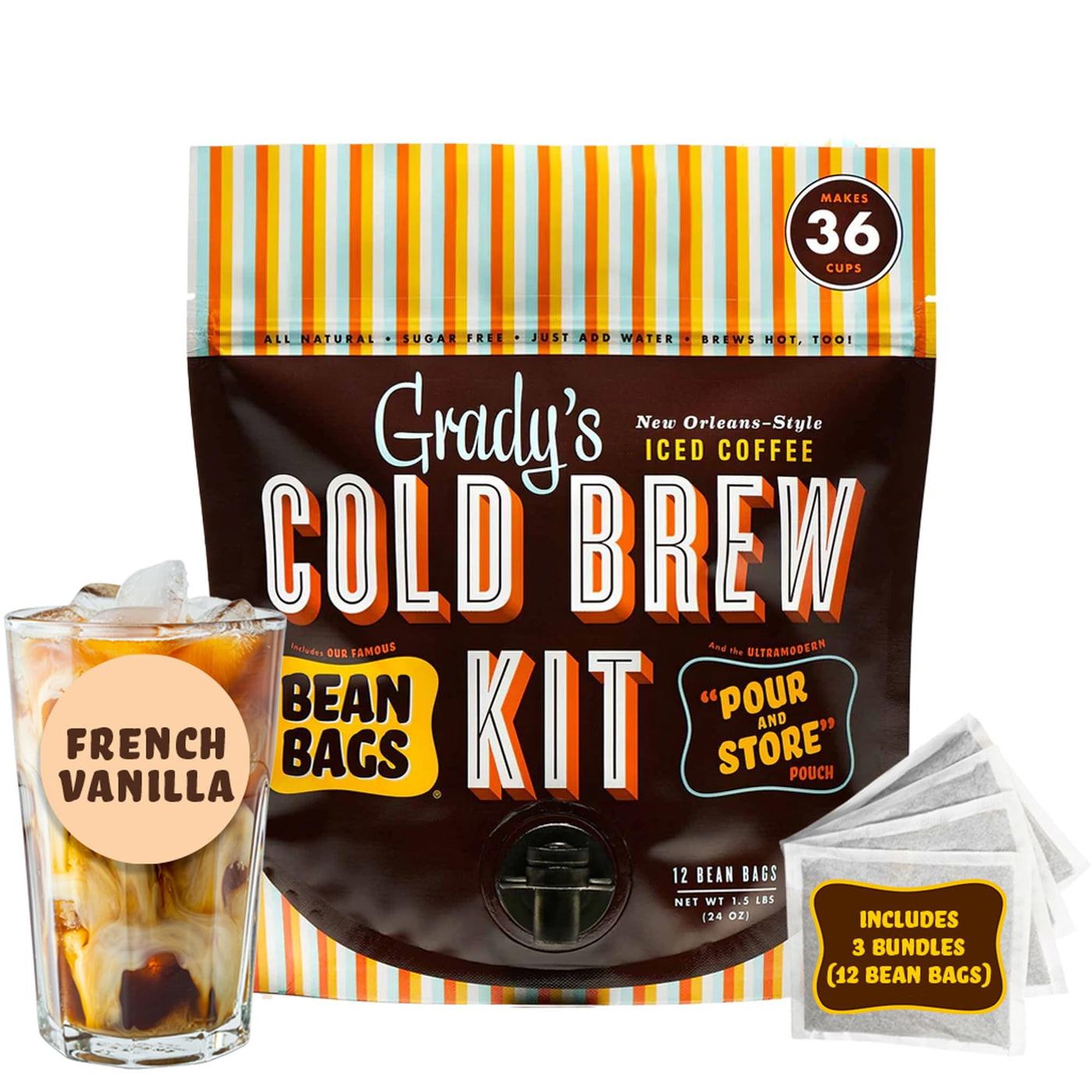 New Orleans Style Cold Brew Coffee Kit, Arabica Coffee & Chicory, 12 Brew Bags