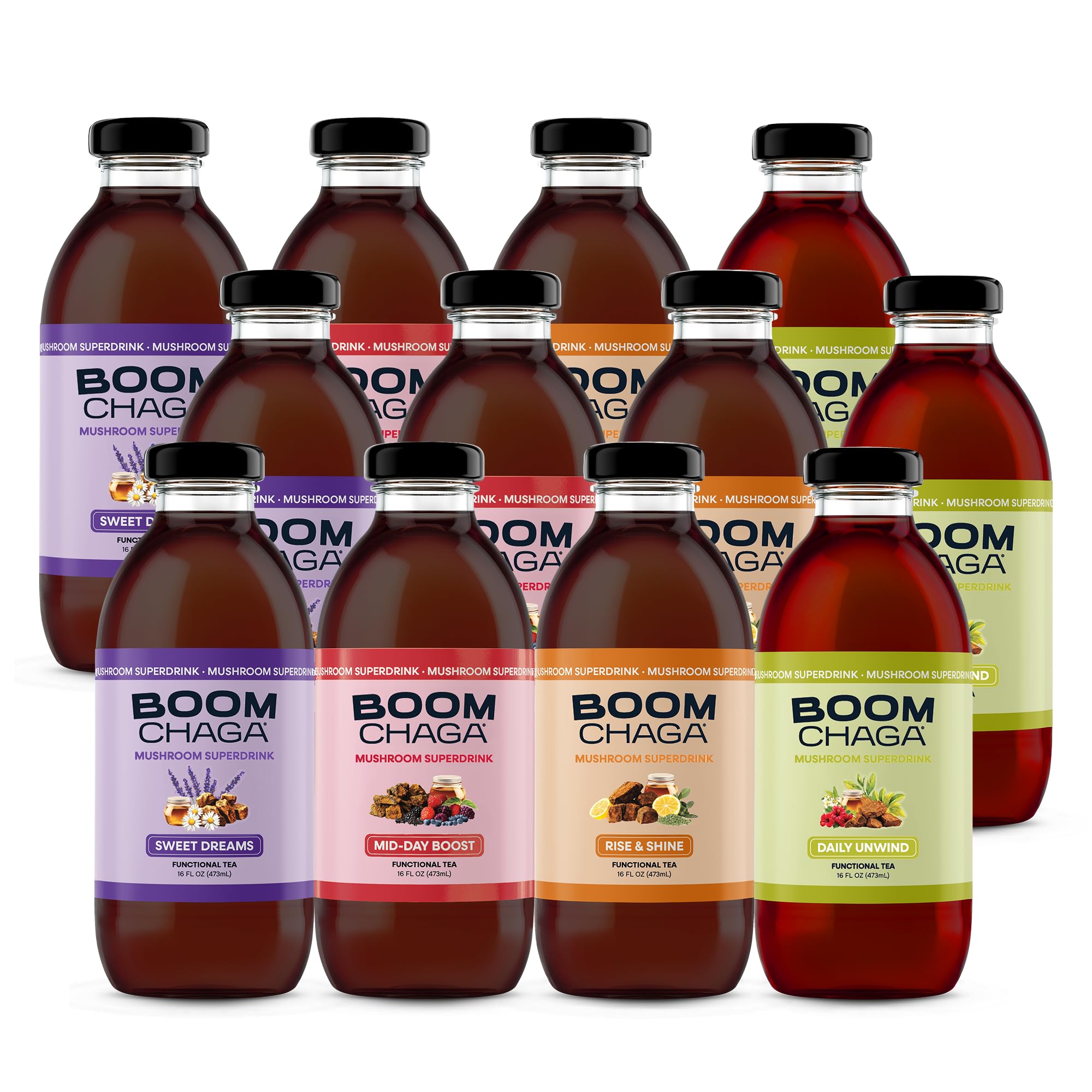 Chaga Mushroom Functional Tea, Honey Sweetened, 16 fl oz Bottles, 12-Pack