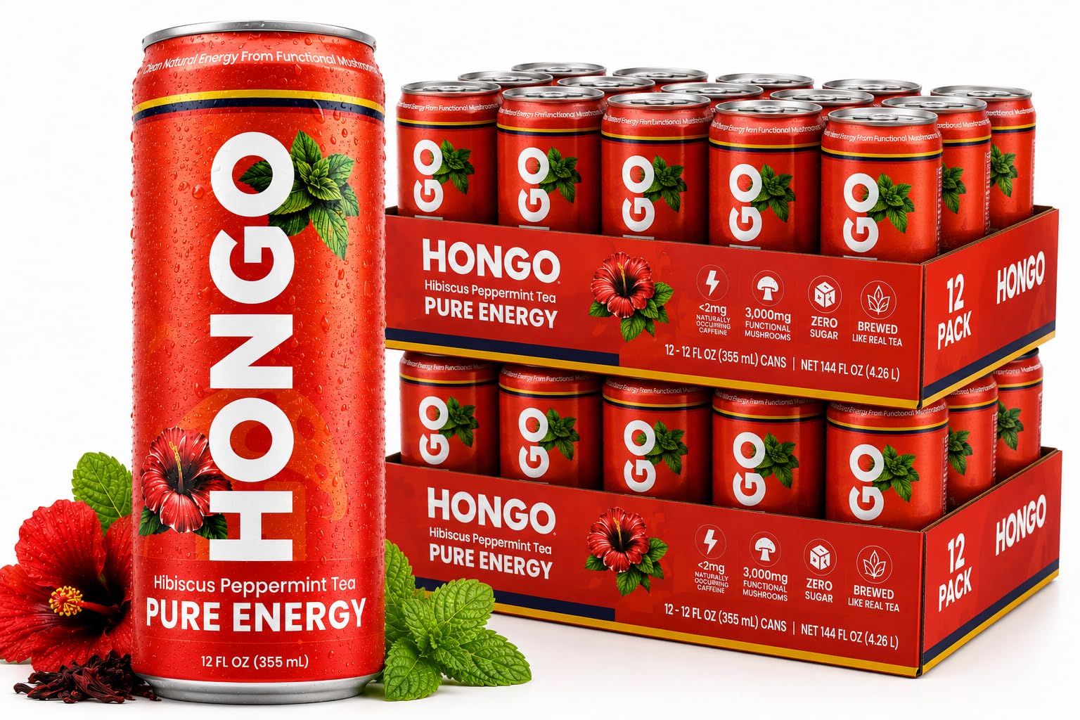 Functional Mushroom Iced Tea Variety Pack, Zero Caffeine, No Added Sugar, 12 fl oz Cans